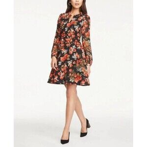 Ann Taylor Red Orange Black Poppy Floral L/S A-Line Dress 2 Petite